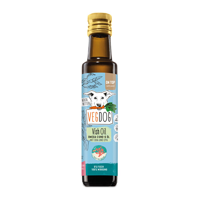 Das Vish Oil von VEGDOG besteht aus wertvollem Hanf-, Lein- und Algenöl und liefert deinem Vierbeiner damit wichtige Fettsäuren.
