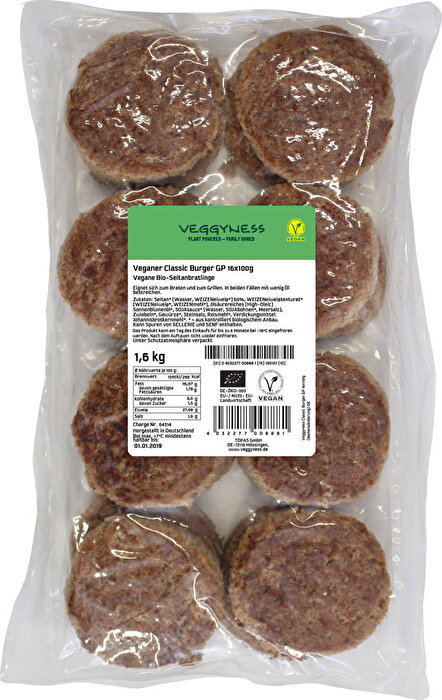 Der Vegane Classic Burger Großpack (16x100g) von veggyness - genau richtig, für alle, die von herzhaften Burgerpatties nicht genug bekommen können!