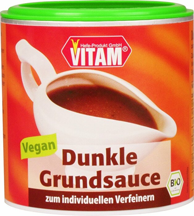 Die dunkle Grundsauce Bio von VITAM eignet sich pur als würzige Bratensauce sowie für zahlreiche Kreationen mit veganem Rotwein, veganer Creme, Senf, frischen Kräutern oder Gemüsebrühe.