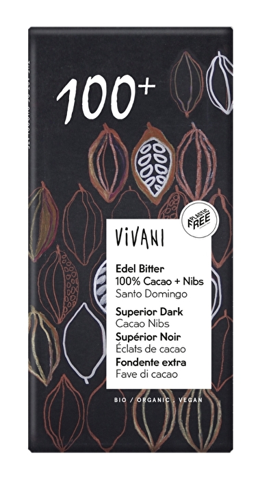 Mehr Kakao geht nicht: Vivanis Edel Bitter 100% + Nibs besteht ausschließlich aus Kakaomasse, Kakaobutter und knusprigen Kakaosplittern.
