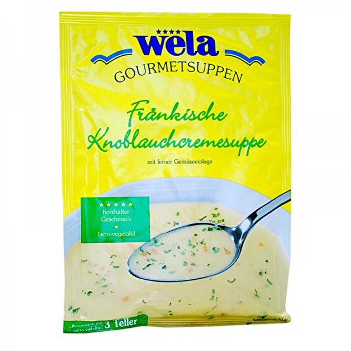 Mit der Fränkischen Gourmet Knoblauchcremesuppe von Wela zauberst Du Dir in wenigen Minuten eine herzhaft-cremige Suppe auf den Teller.