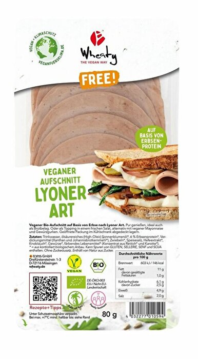 Hier kommt der bekannte Lyoner Aufschnitt von Wheaty ganz ohne Fleisch.