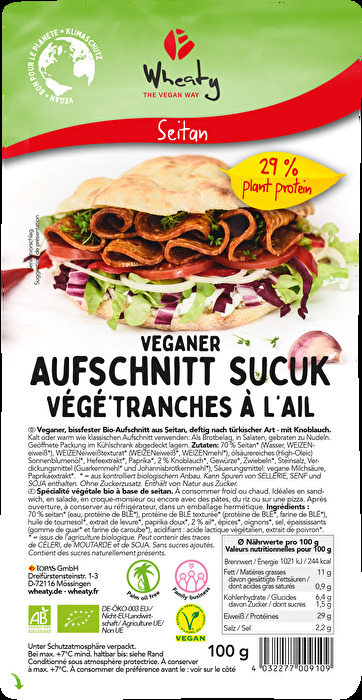 Der vegane Sucuk Aufschnitt von Wheaty ist wie der türkische Klassiker kräftig gewürzt, hat eine leichte Schärfe und ist mit ordentlich Knoblauch versehen.