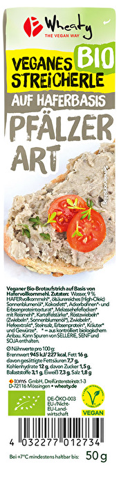 Veganes Streicherle Pfälzer Art von Wheaty – Deftiger, pflanzlicher Aufstrich auf Basis von Bio-Hafer, verfeinert mit typisch pfälzischer Würzung.