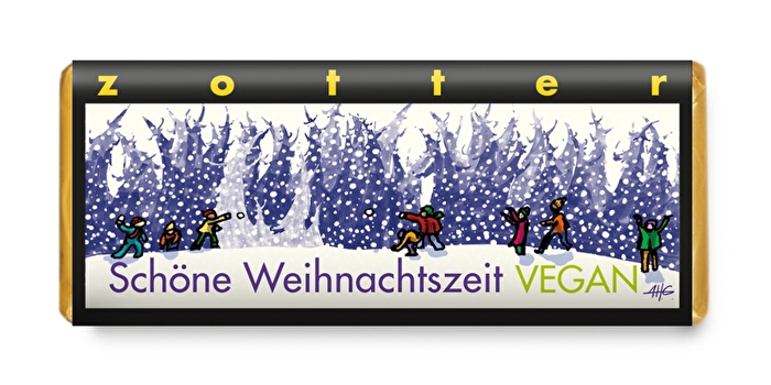 Die Schöne Weihnachtszeit Schokolade von Zotter hebt sich bereits durch die leuchtend pinke Farbe von den meisten anderen Schokoladen ab.