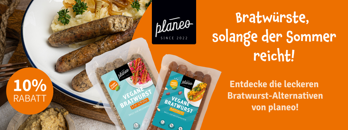 Jetzt 10 % Rabatt auf ausgewählte vegane Bratwürste von planeo bei kokku-online.de