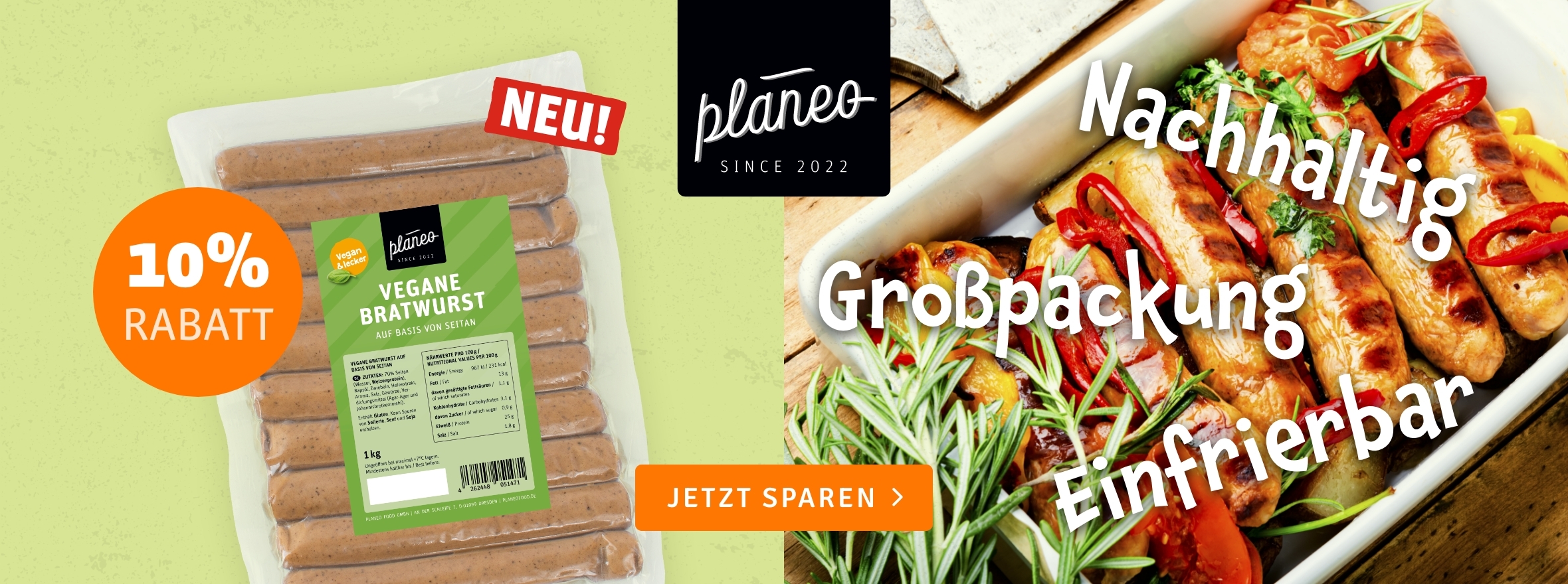 10% Rabatt auf Großpack vegane Bratwust von planeo.